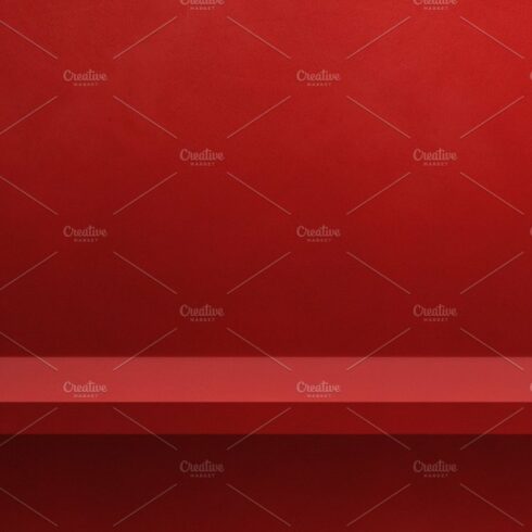 Empty shelf on a red wall. Background template. Horizontal banne cover image.