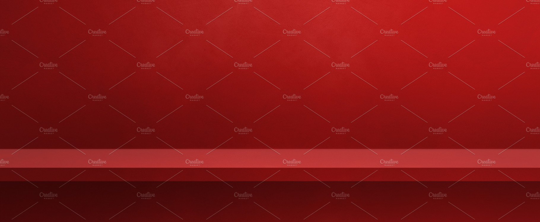 Empty shelf on a red wall. Background template. Horizontal banne cover image.