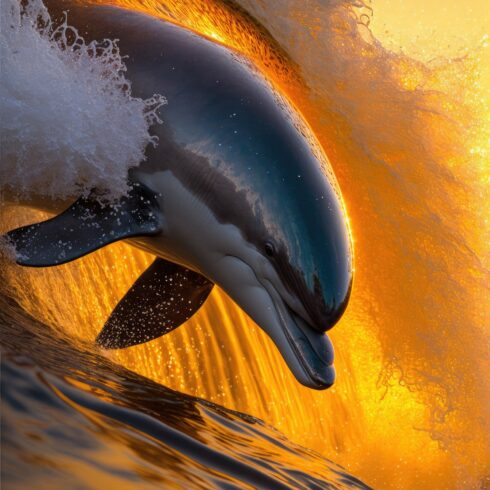 Beautiful portrait of a dolphin jumping from water at the sunset cover image.