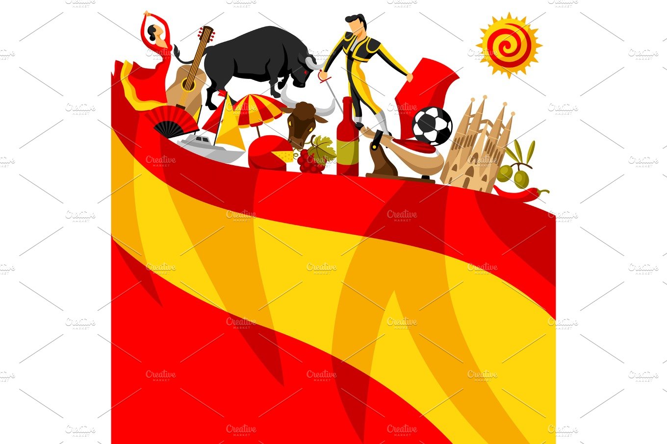 Spain background design. Spanish traditional symbols and objects cover image.