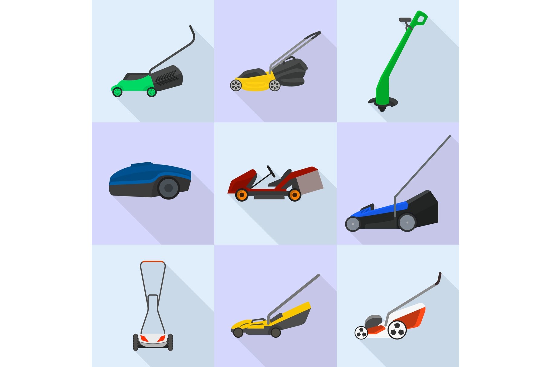 Lawnmower icons set, flat style cover image.