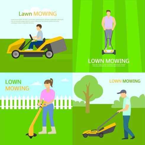 Lawnmower banner set, flat style cover image.