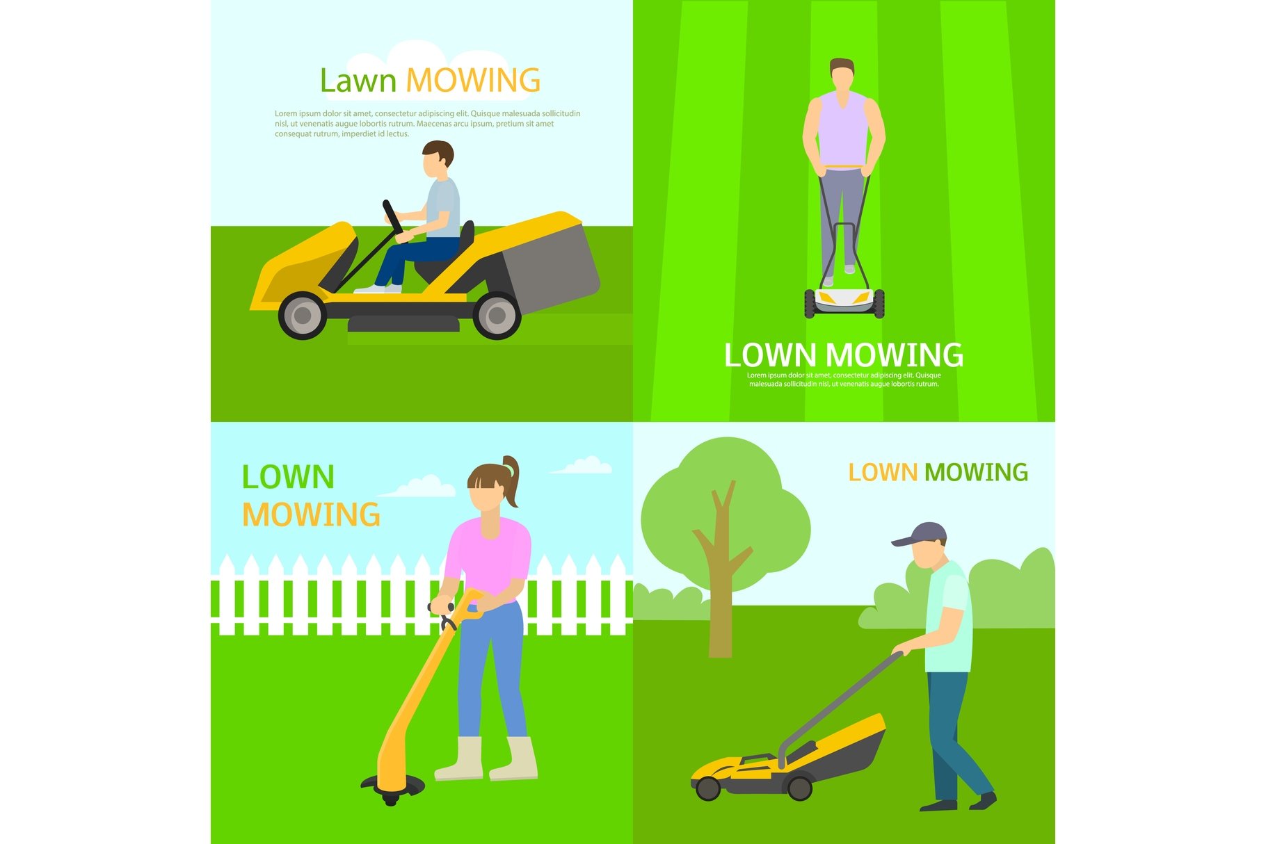 Lawnmower banner set, flat style cover image.