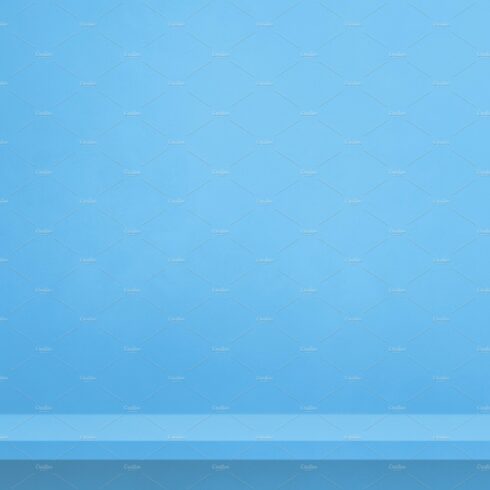 Empty shelf on a blue wall. Background template. Vertical backdr cover image.