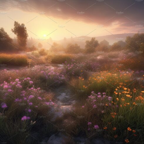 Amazing sunset over a beautiful landscape covered of flowers. Generative AI cover image.