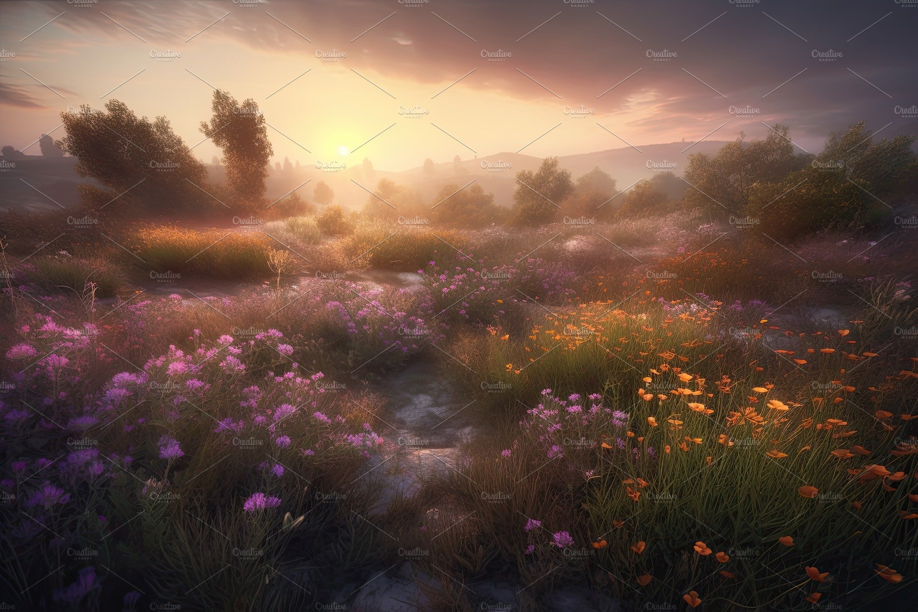 Amazing sunset over a beautiful landscape covered of flowers. Generative AI cover image.