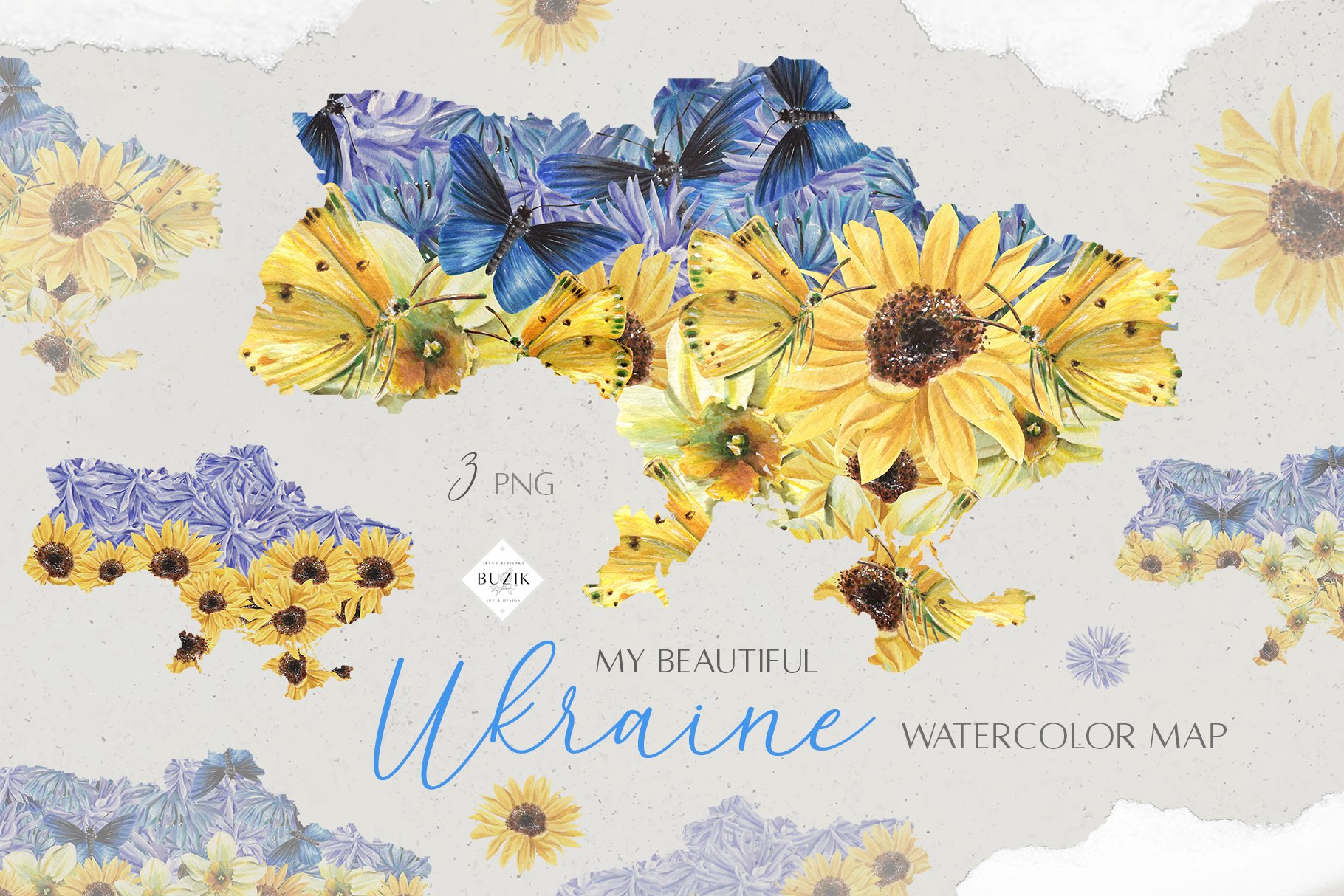 Watercolor Ukraine Map. Floral land cover image.