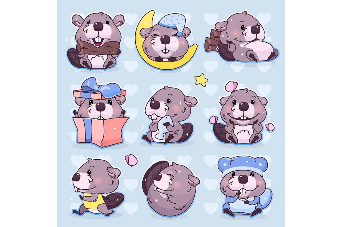 Cute beaver cartoon character set cover image.