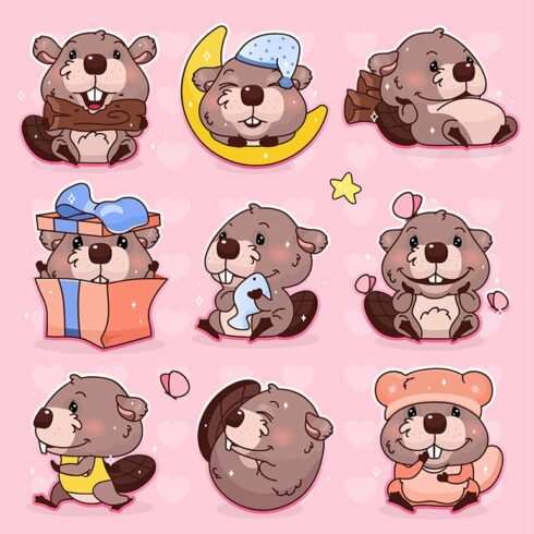 Cute beaver kawaii character set cover image.