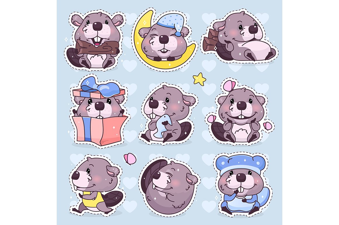 Cute beaver kawaii character set cover image.