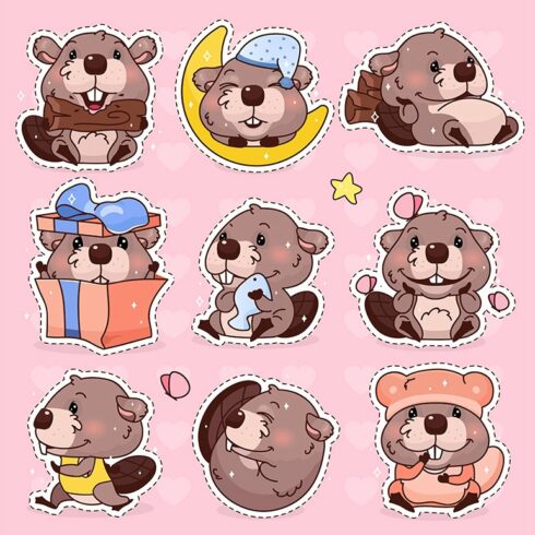 Cute beaver kawaii character set cover image.