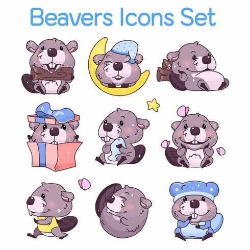 Cute beavers cartoon characters set cover image.