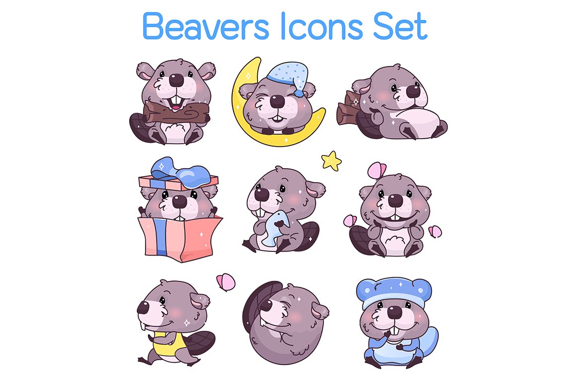 Cute beavers cartoon characters set cover image.