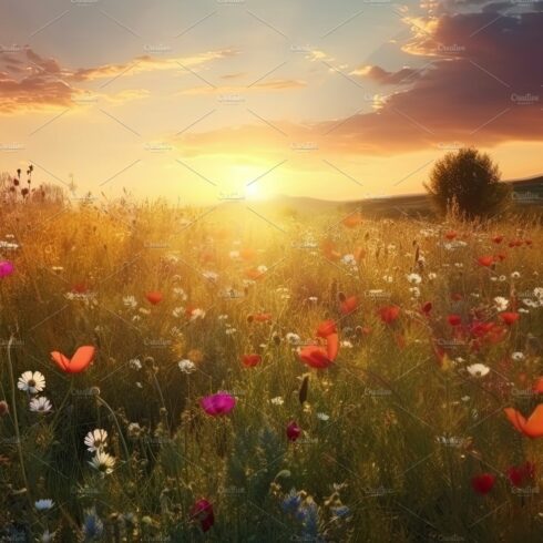 Amazing sunset over a beautiful landscape covered of flowers. Generative AI cover image.