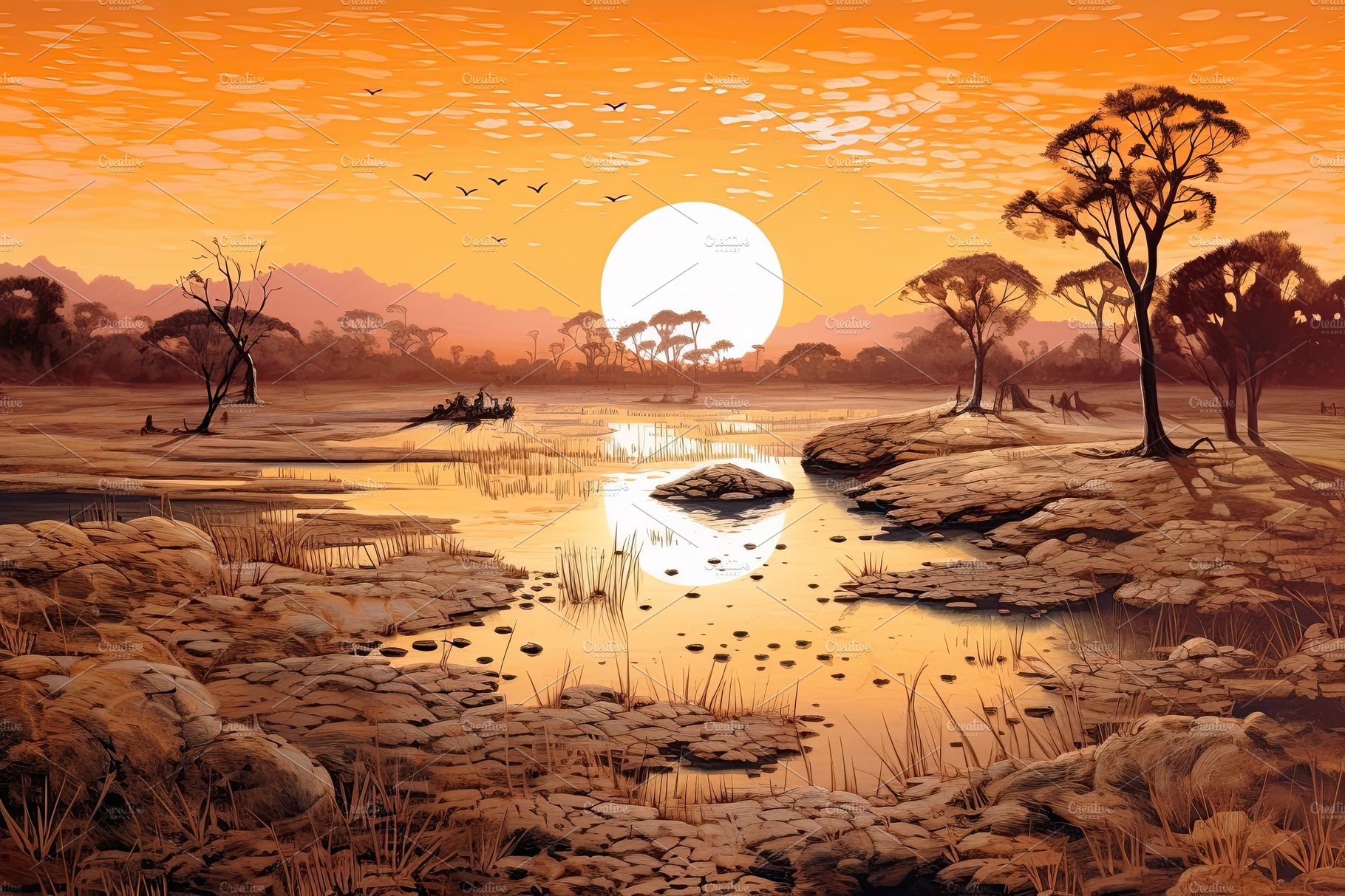 Dry land at sunset, representing drought and lack of water, climate change ... cover image.