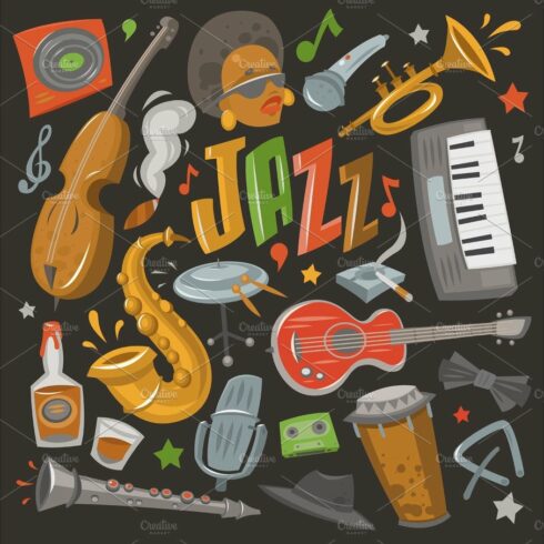 Jazz musical instruments tools icons jazzband piano, saxophone music sound ... cover image.