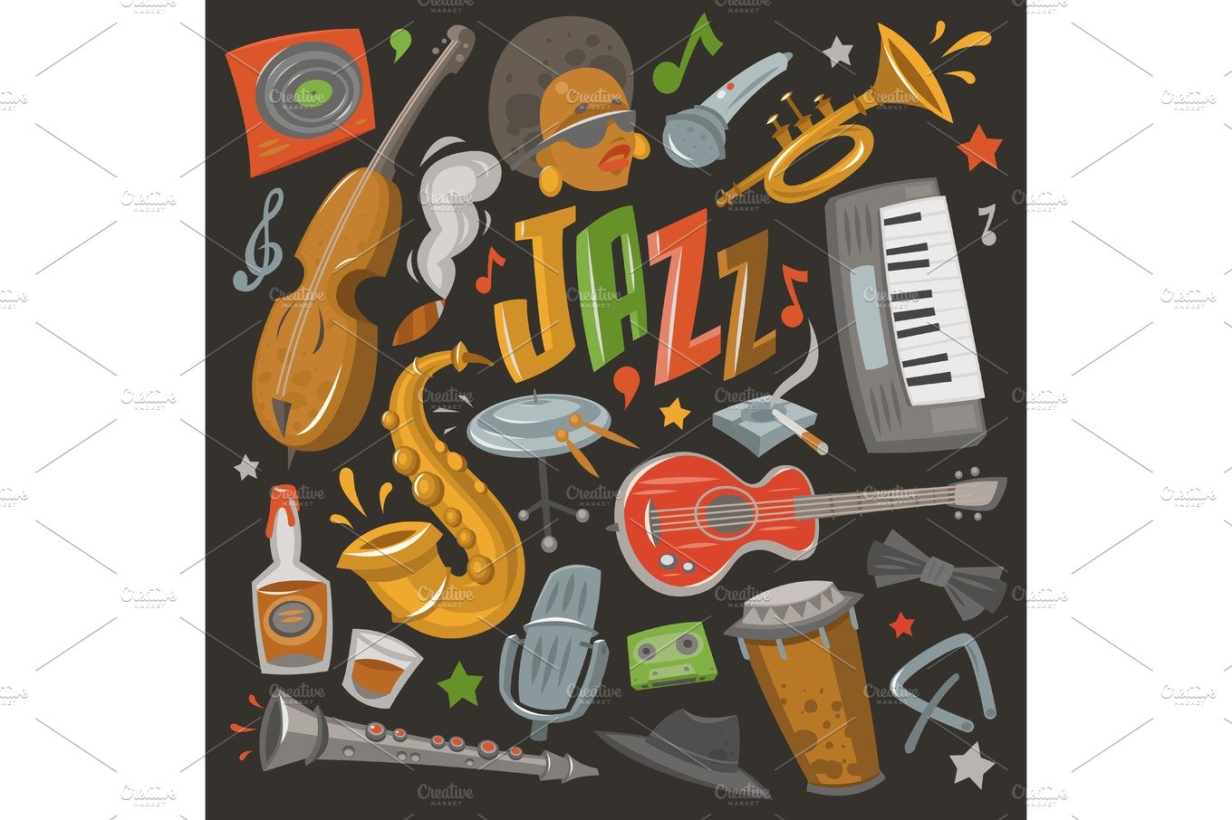 Jazz musical instruments tools icons jazzband piano, saxophone music sound ... cover image.