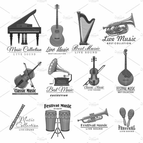 Vector musical instruments icons of music festival cover image.