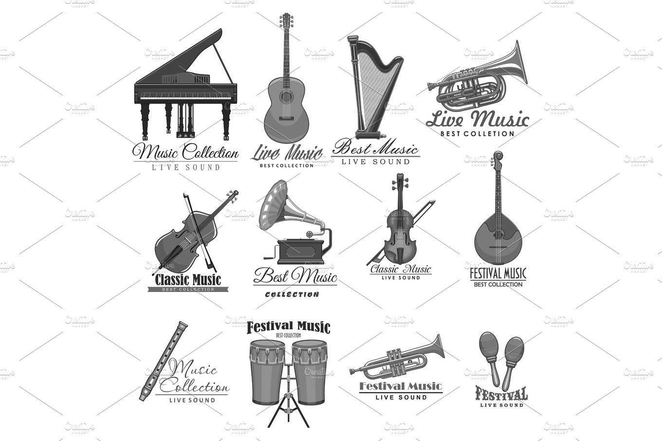 Vector musical instruments icons of music festival cover image.