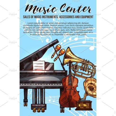 Music instrument sketch banner with musical notes cover image.