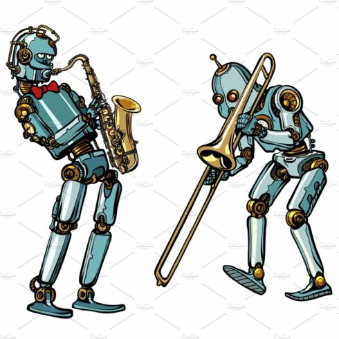 brass band musicians robots, saxophone and trombone cover image.