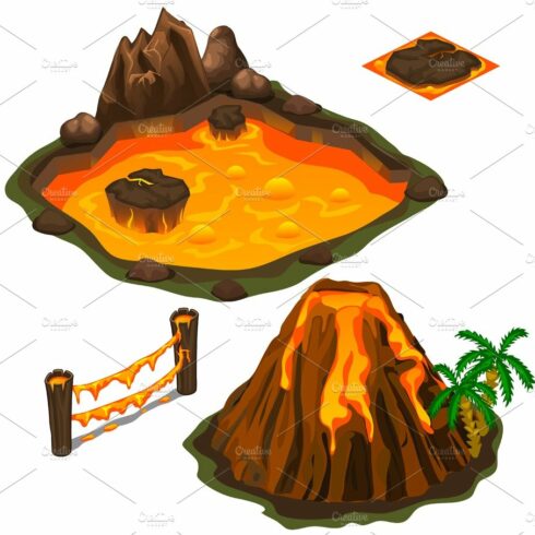Vector set of lava pool, volcano, fence and cover cover image.