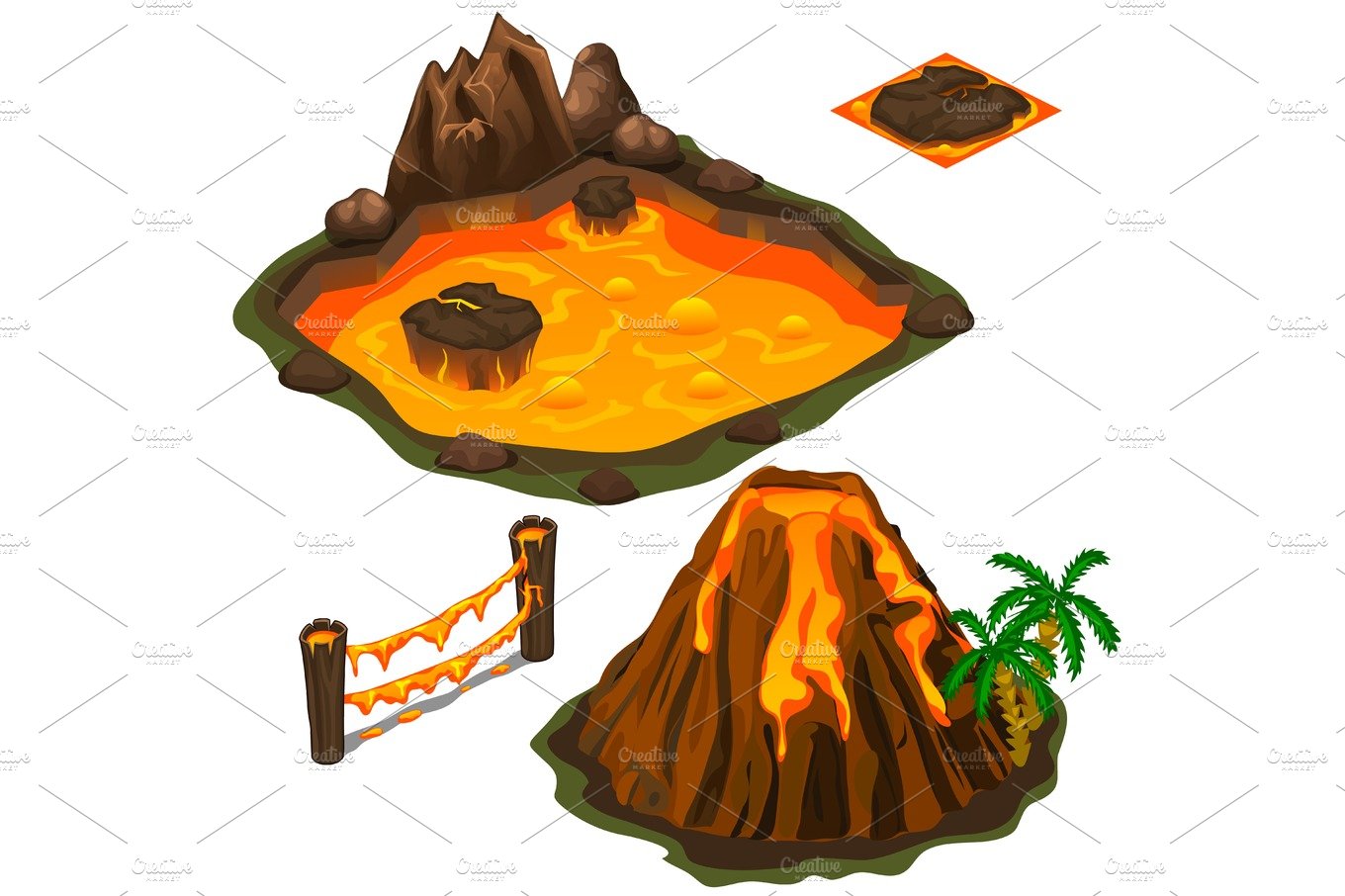Vector set of lava pool, volcano, fence and cover cover image.