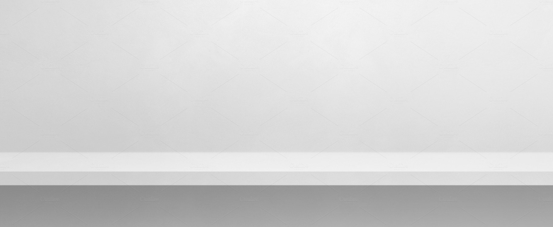 Empty shelf on a white wall. Background template. Horizontal ban cover image.