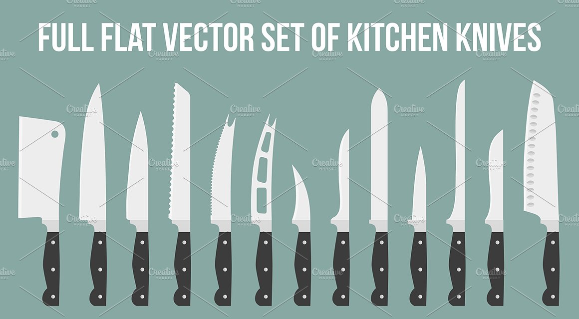 13 Flat Kitchen knives with function preview image.