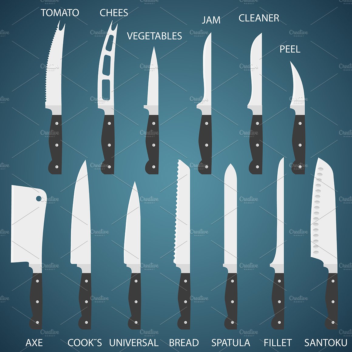 13 Flat Kitchen knives with function cover image.