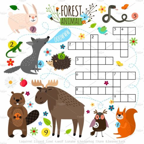 Forest animals crossword puzzle cover image.