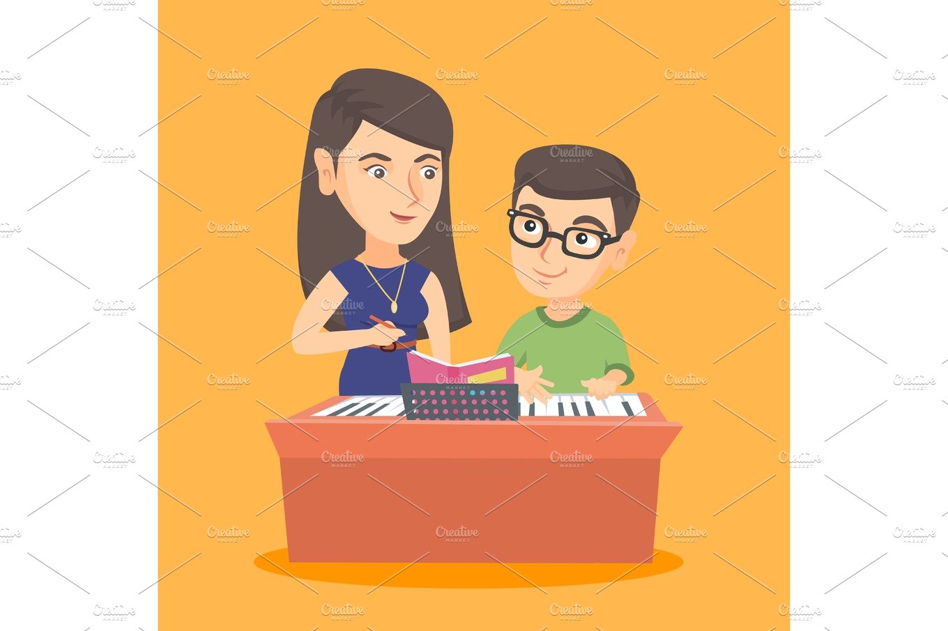 Little boy having a piano lesson with a teacher. cover image.