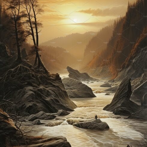 Beautiful vertical landscape with tall mountains, waterfall and a river. Ge... cover image.