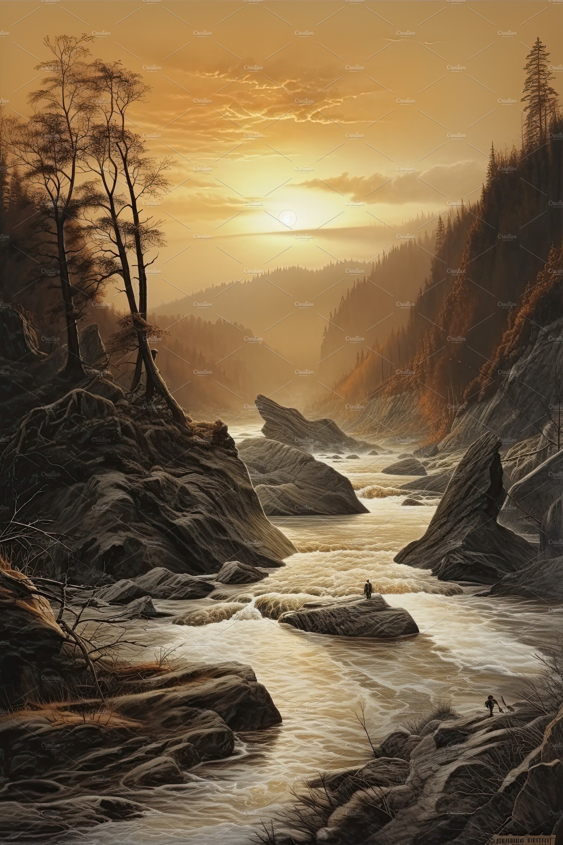 Beautiful vertical landscape with tall mountains, waterfall and a river. Ge... cover image.