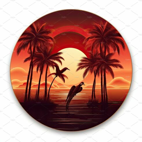 Orange sunset landscape in a circle. Evening on the beach with palm trees. ... cover image.