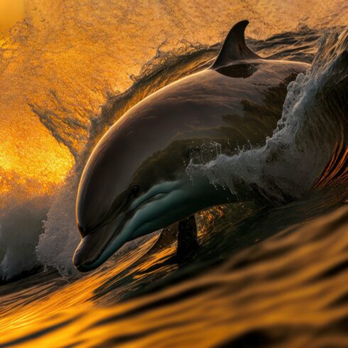 Beautiful portrait of a dolphin jumping from water at the sunset cover image.