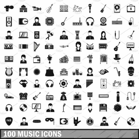 100 music icons set, simple style cover image.