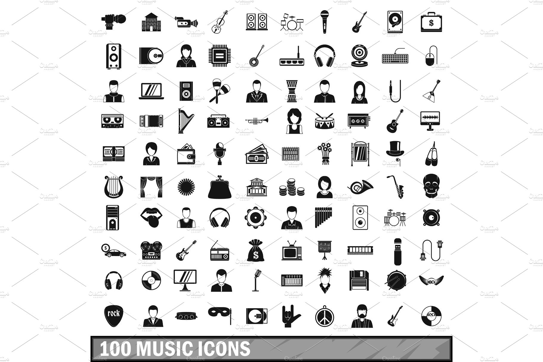 100 music icons set, simple style cover image.
