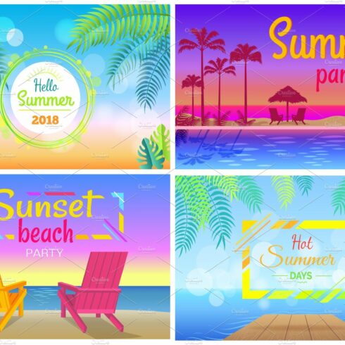 Sunset Beach Party Hello Summer Time Posters Set cover image.