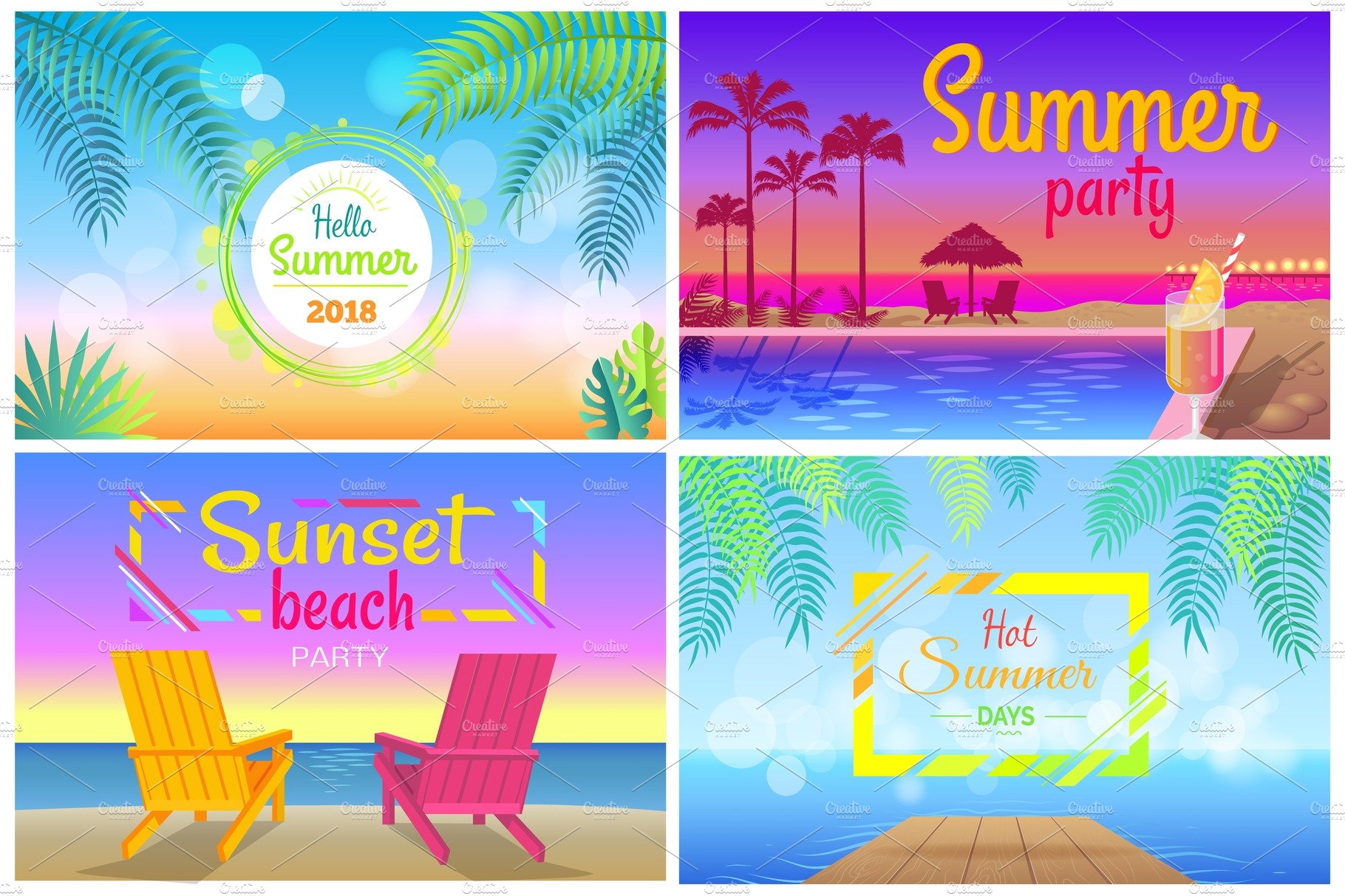 Sunset Beach Party Hello Summer Time Posters Set cover image.