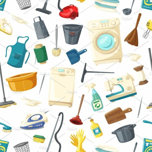 Vector seamless pattern of home cleaning items cover image.