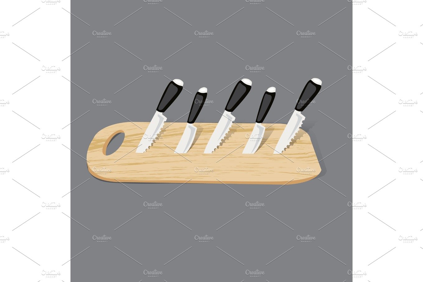 Set of kitchen knives on a board, top view cover image.