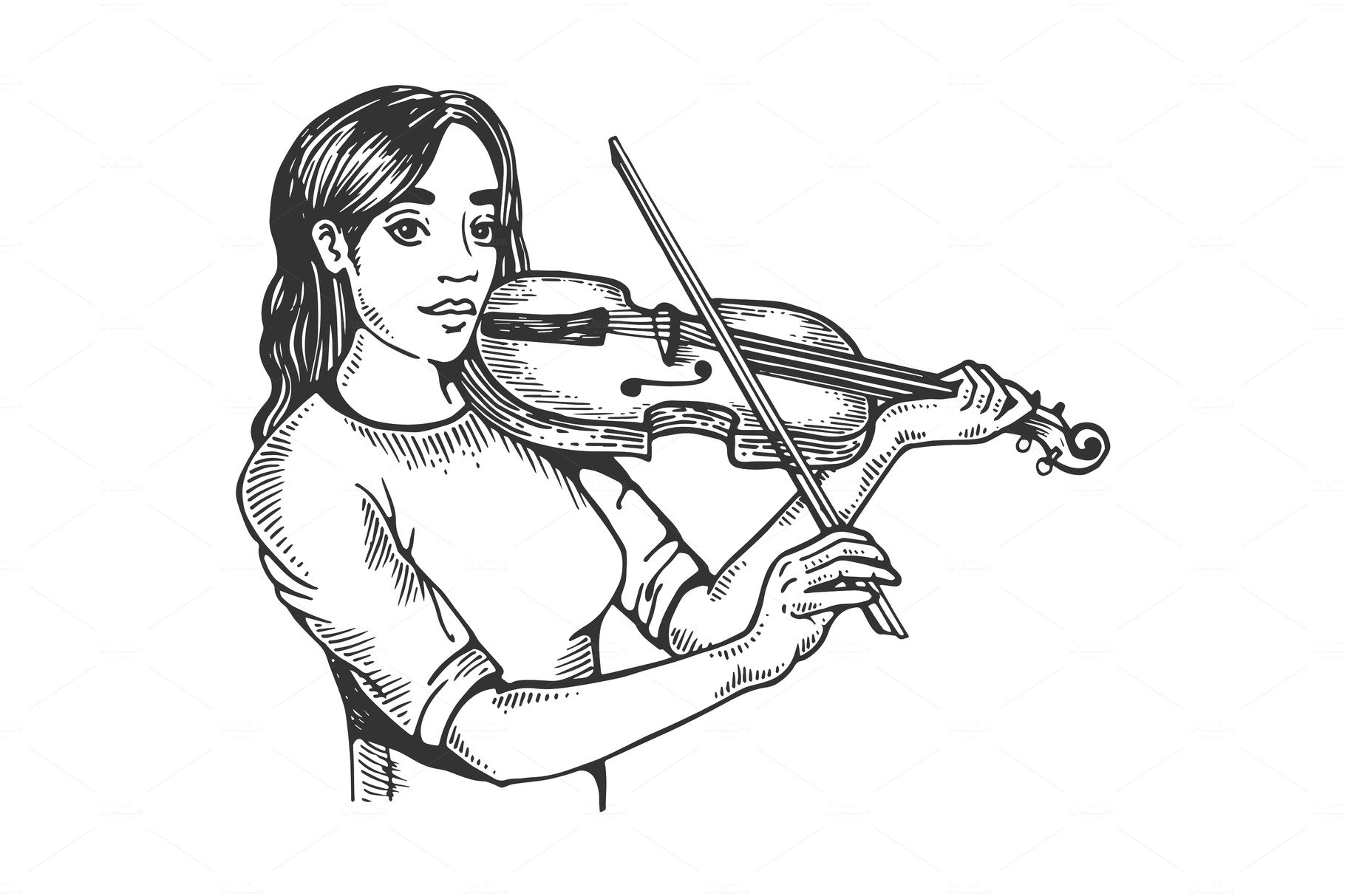 Girl and violin engraving vector illustration cover image.