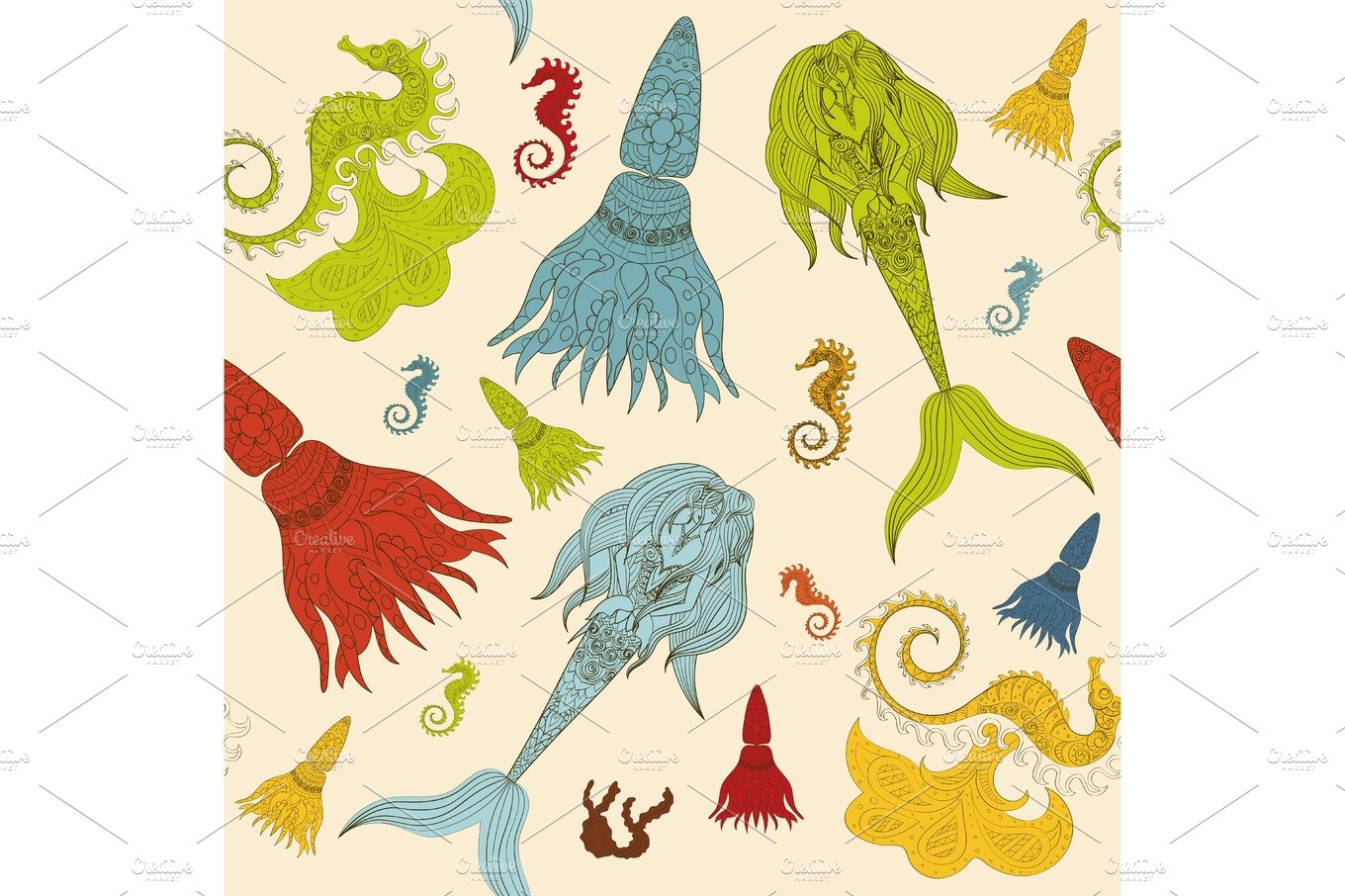Hand drawn Ornamental Mermaid, sea-horse and calmar.  Fairy-tale cover image.