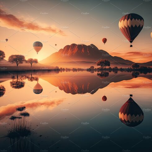 Hot Air Balloons Festival Flying Over a beautiful lake. Generati cover image.