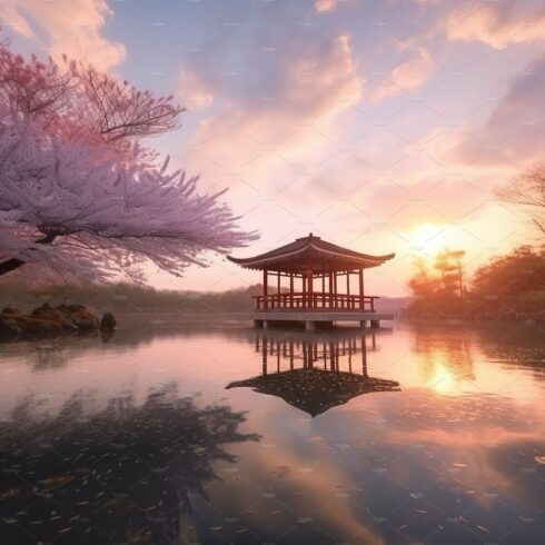 Lake sunset at cherry blossom cover image.