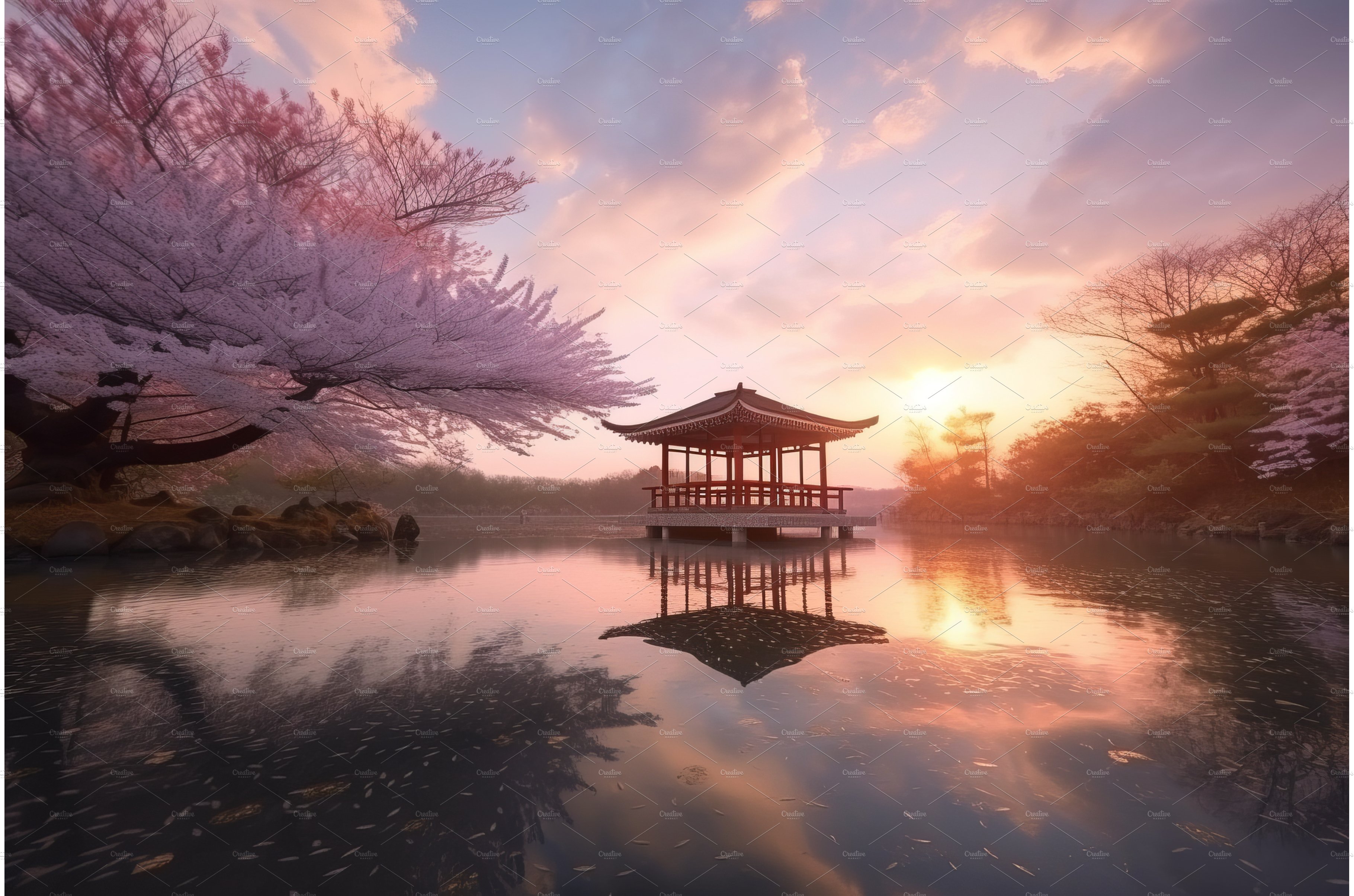 Lake sunset at cherry blossom cover image.