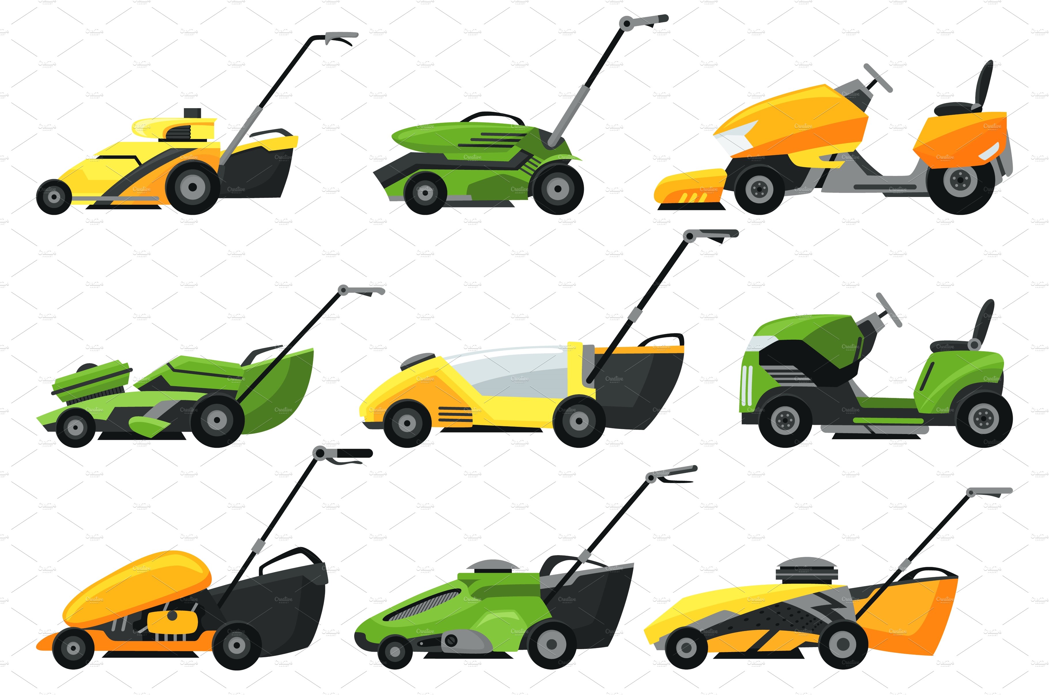 Lawn mower machines set in cover image.