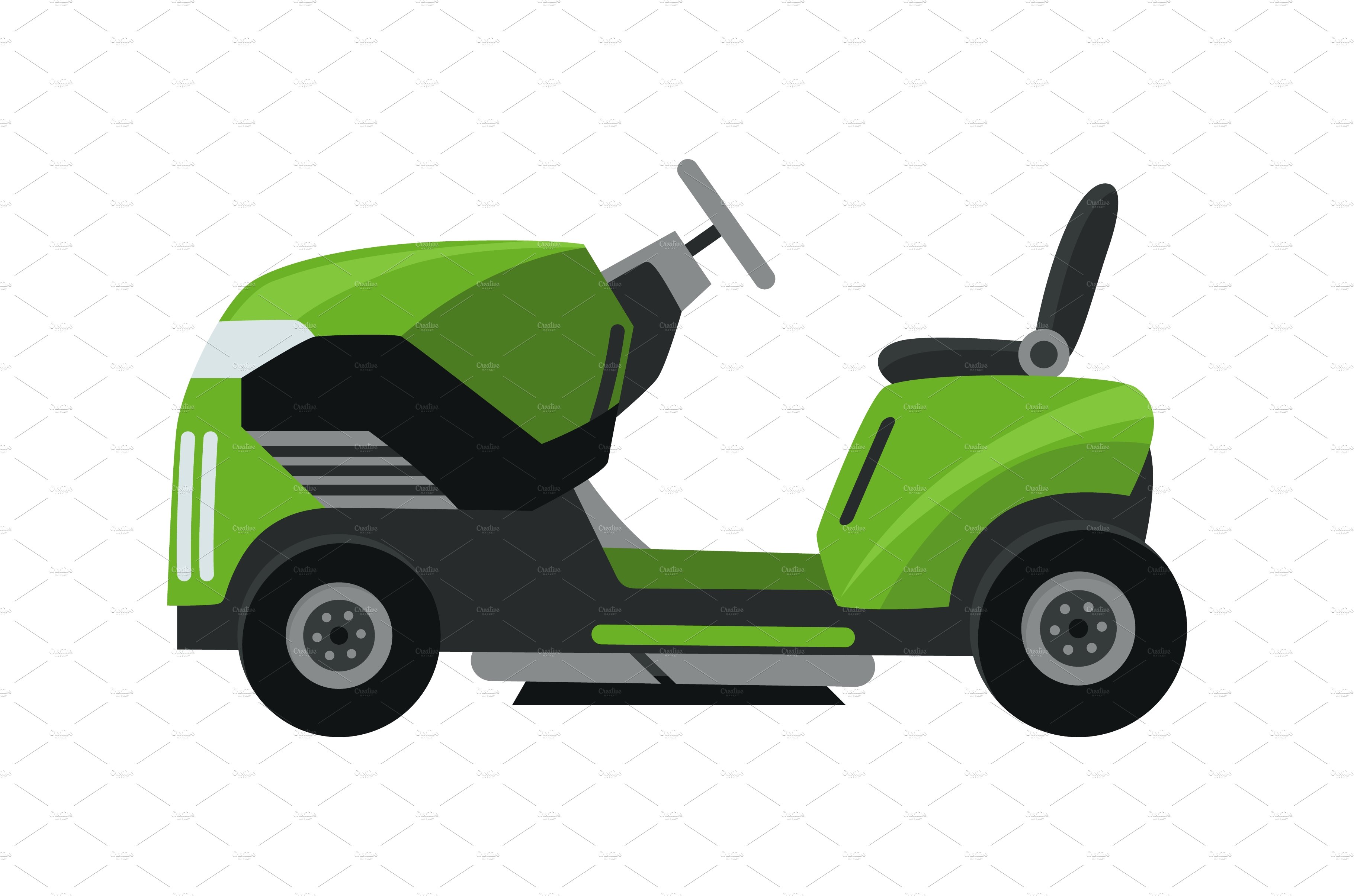 Lawn mower machine in green cover image.