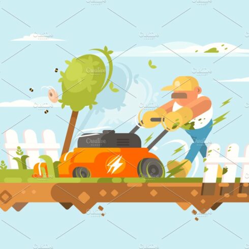 Man mowing grass cover image.